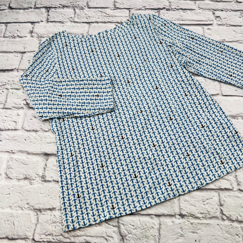 Talbots Women XL 3/4 Sleeve Button Down Striped Blue Anchor Shell Shirt Nautical
